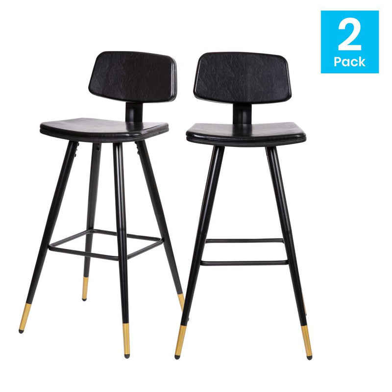 Low Back Barstools-Black Upholstery-Black Iron Frame--Set of 2