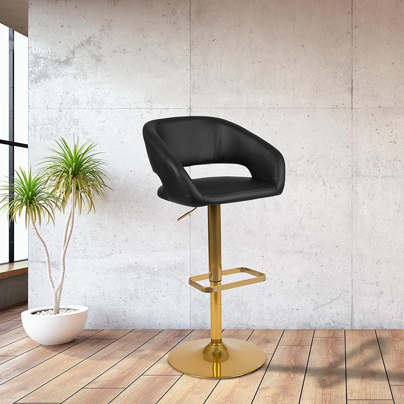 Black Vinyl Adjustable Height Barstool with Rounded Mid-Back and Gold Base