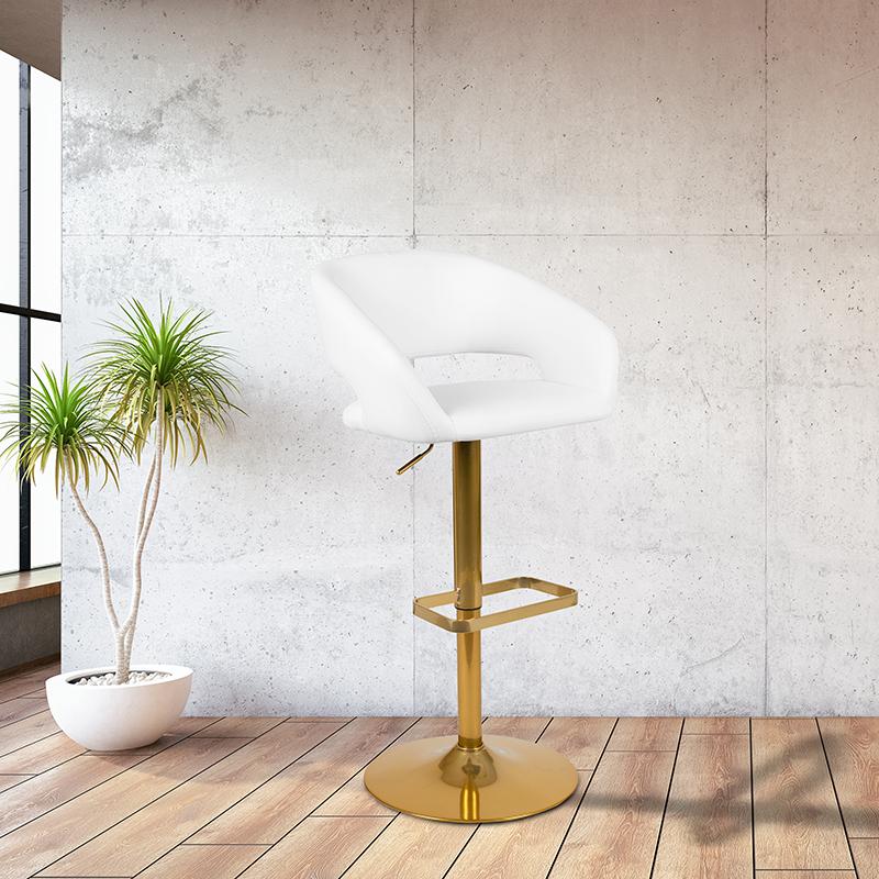 White Vinyl Adjustable Height Barstool with Rounded Mid-Back and Gold Base