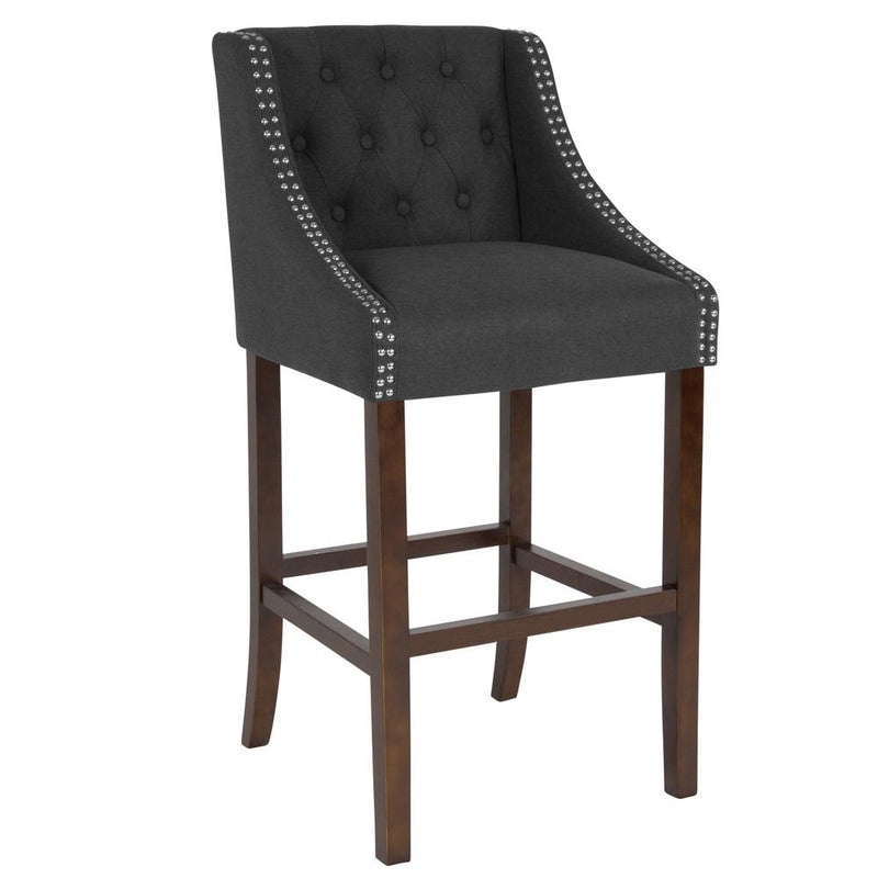 30" High Tufted Walnut Barstool with Accent Nail Trim in Charcoal Fabric