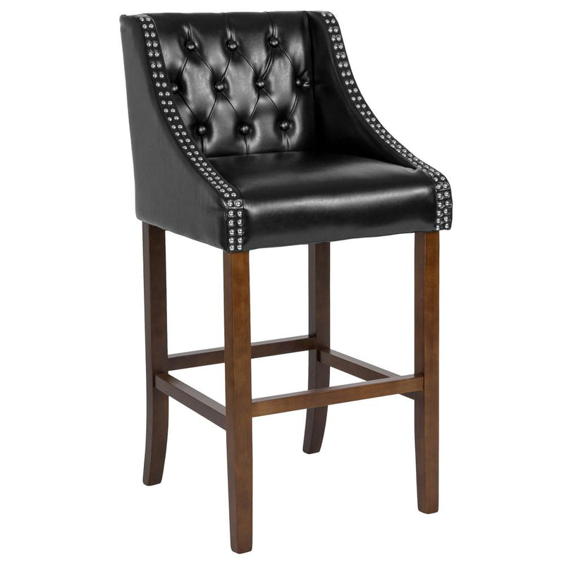 30" High Tufted Walnut Barstool with Accent Nail Trim in Black LeatherSoft