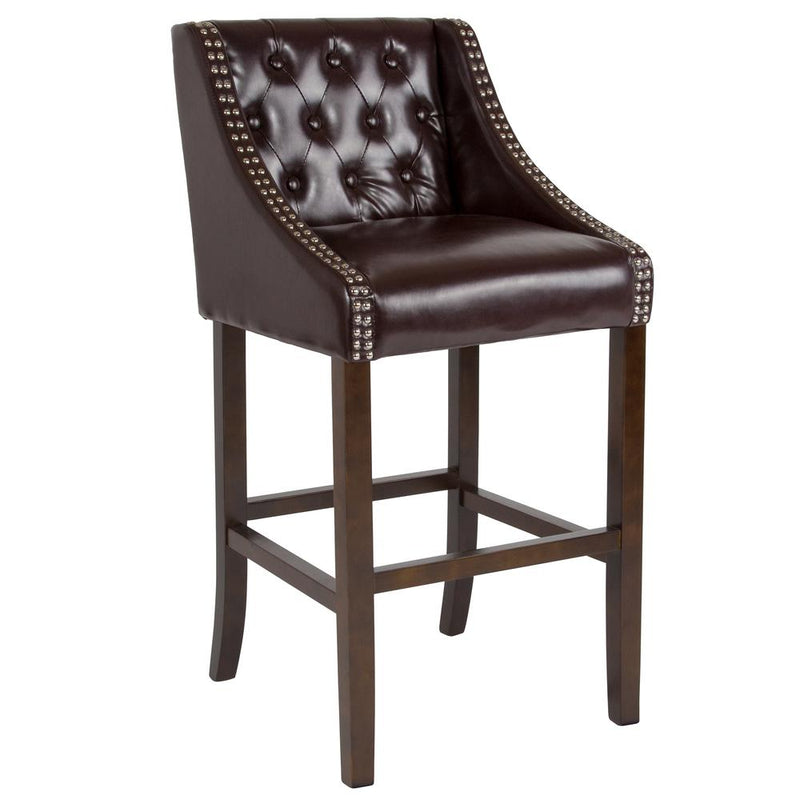 30" High Tufted Walnut Barstool with Accent Nail Trim in Brown LeatherSoft