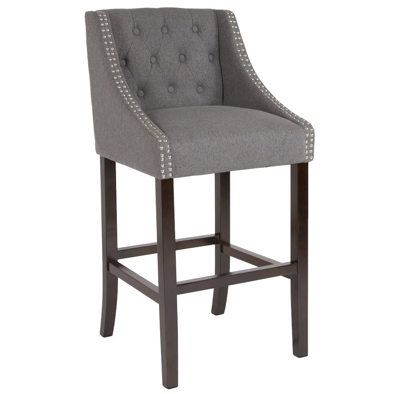 30" High Tufted Walnut Barstool with Accent Nail Trim in Dark Gray Fabric