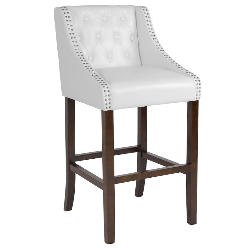 30" High Tufted Walnut Barstool with Accent Nail Trim in White LeatherSoft