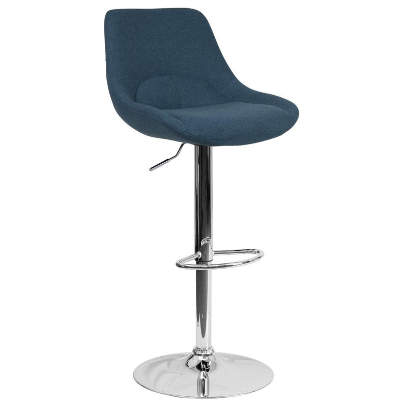 Contemporary Blue Fabric Adjustable Height Barstool with Chrome Base