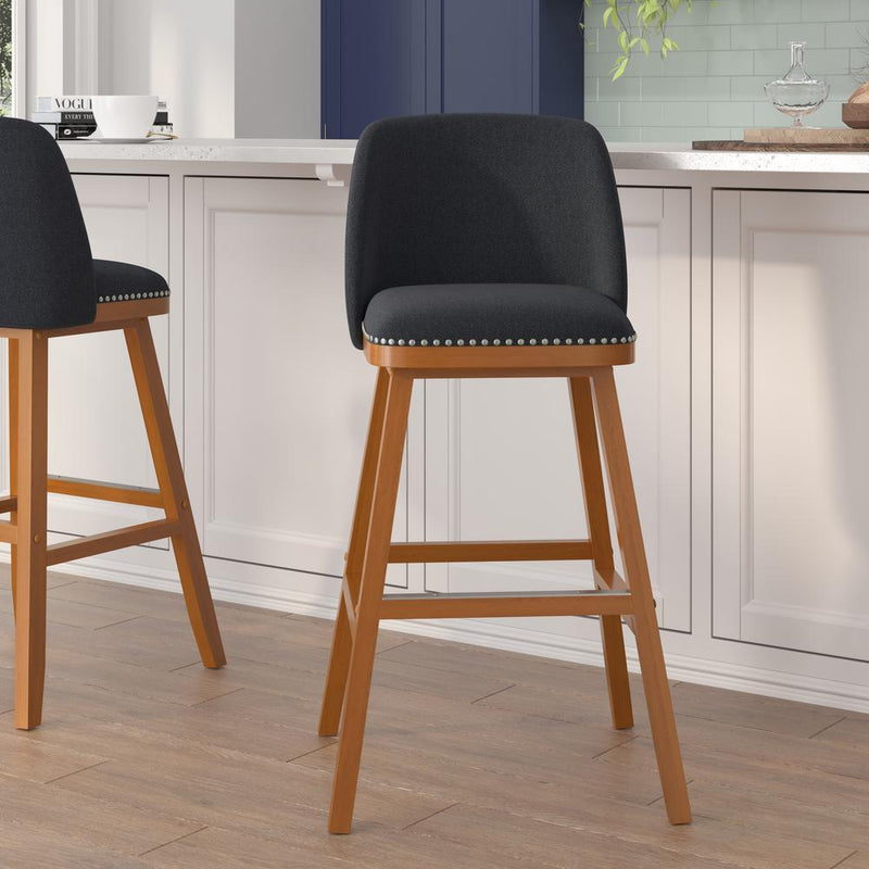 Set of 2 30 Inch Faux Linen Upholstered Barstools, Charcoal