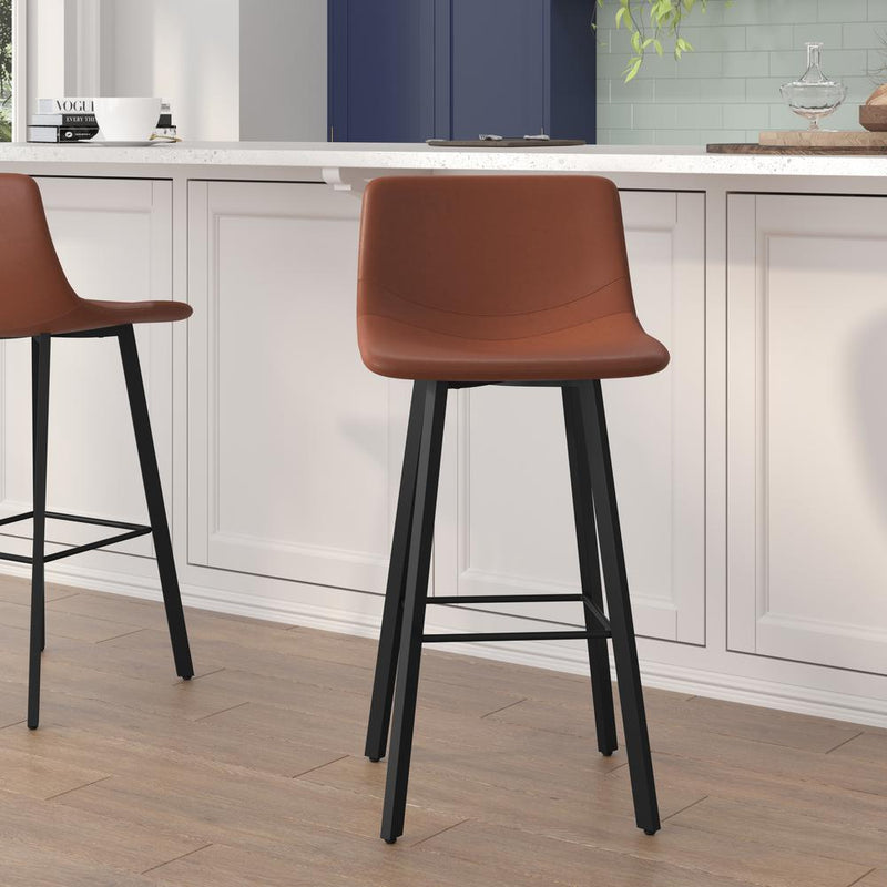 Armless 30 Inch Bar Height Barstools with Footrests in Cognac, Set of 2