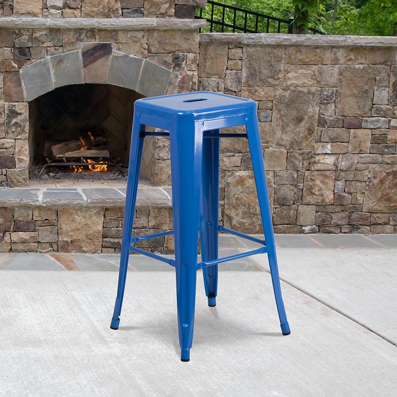 30" High Backless Blue Metal Indoor-Outdoor Barstool with Square Seat