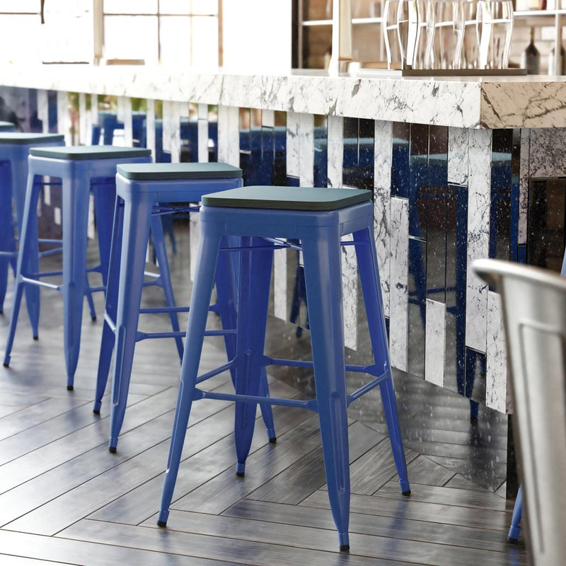 30" High Blue Metal Indoor-Outdoor Barstool with Teal-Blue Poly Resin Wood Seat