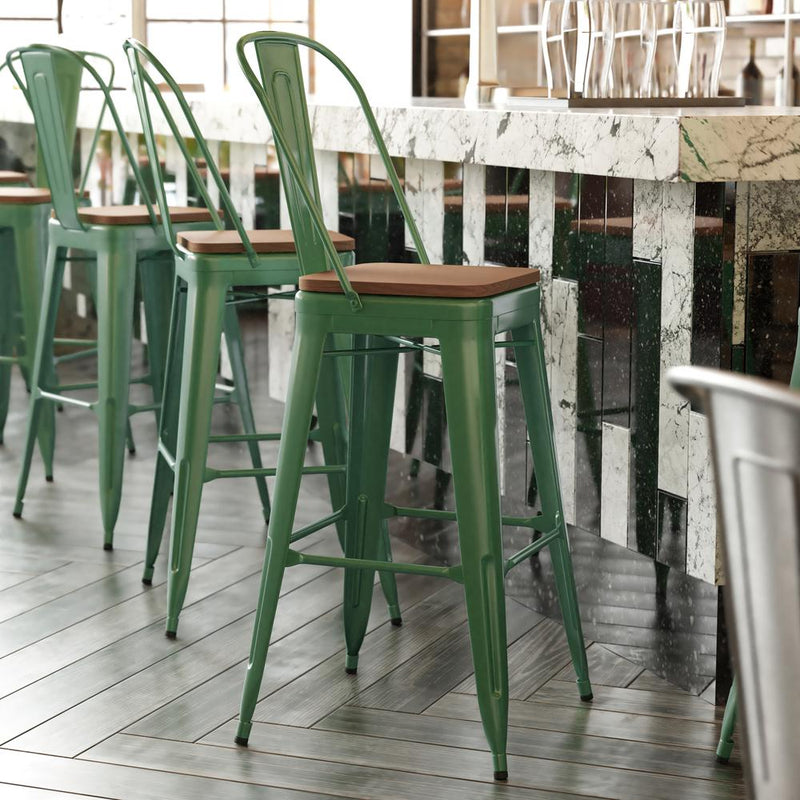 30" High Green Metal Bar Height Stool with Teak All-Weather Poly Resin Seat