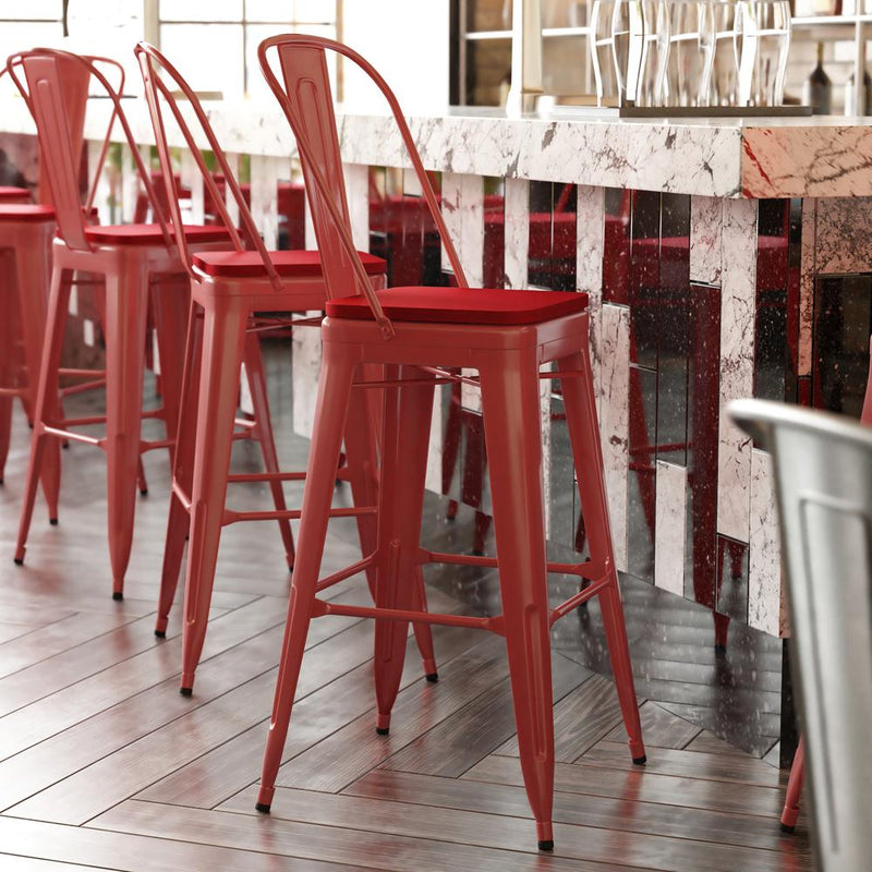 30" High Red Metal Bar Height Stool with Red All-Weather Poly Resin Seat