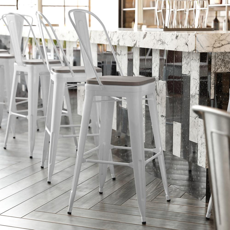 30" High White Metal Bar Height Stool with Gray All-Weather Poly Resin Seat