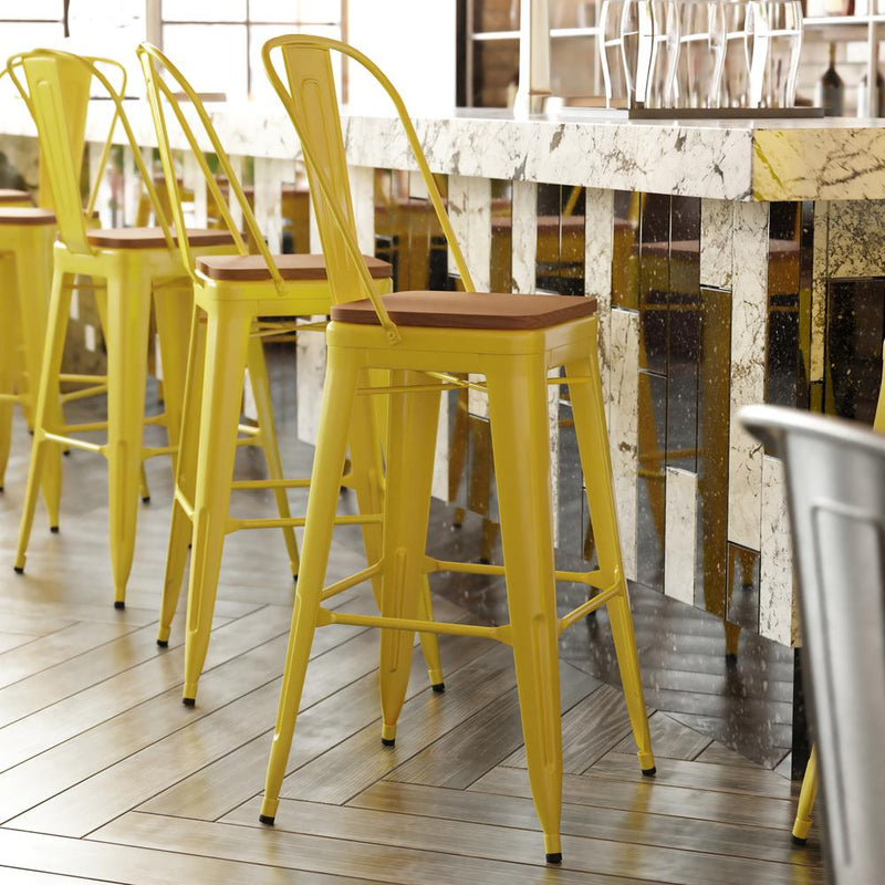 30" High Yellow Metal Bar Height Stool with Teak All-Weather Poly Resin Seat