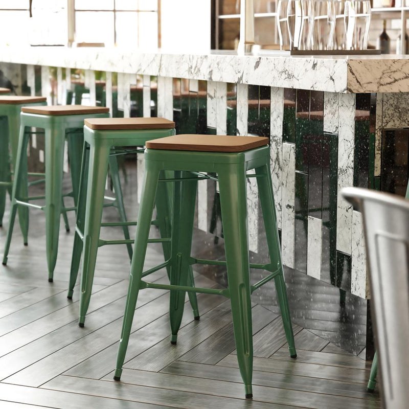 30" High Green Metal Indoor-Outdoor Barstool with Teak Poly Resin Wood Seat