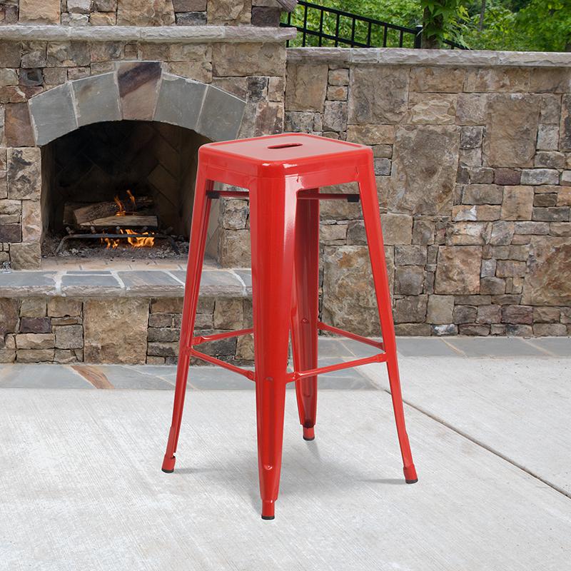 30" High Backless Red Metal Indoor-Outdoor Barstool with Square Seat