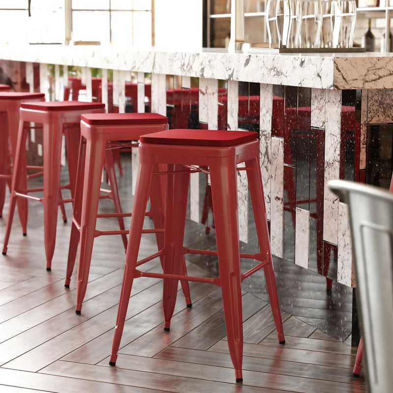 30" High Red Metal Indoor-Outdoor Barstool with Red Poly Resin Wood Seat