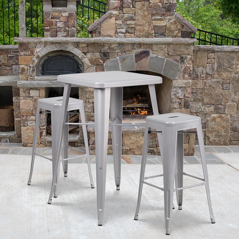 30" High Backless Silver Metal Indoor-Outdoor Barstool with Square Seat