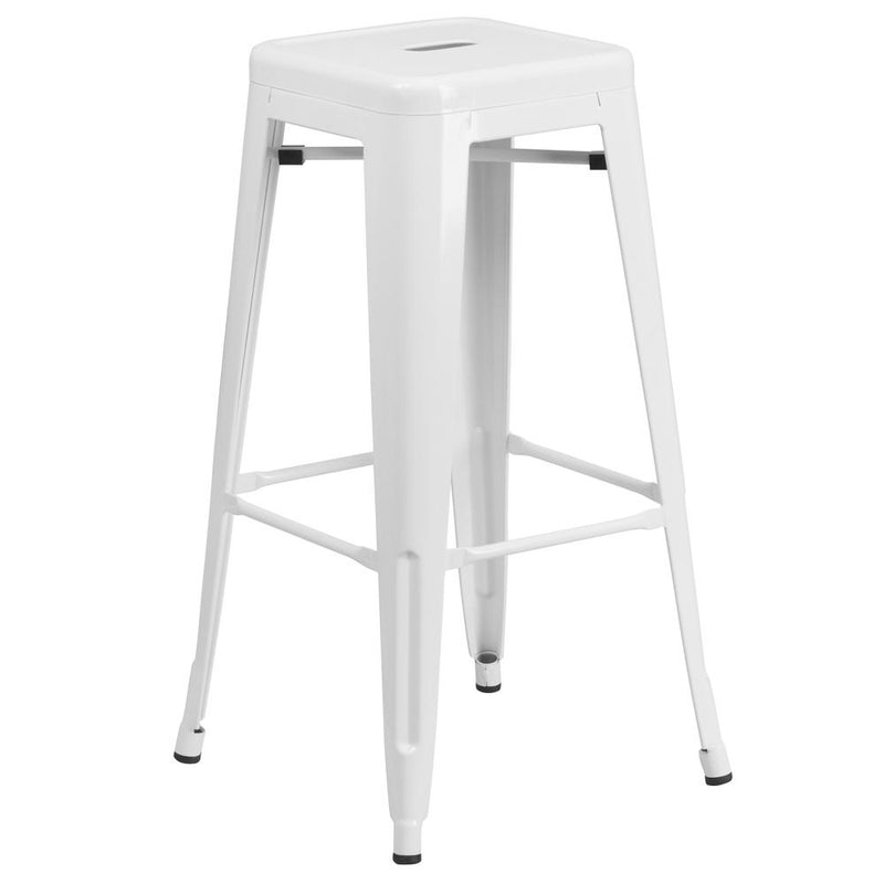 30" High Backless White Metal Indoor-Outdoor Barstool with Square Seat