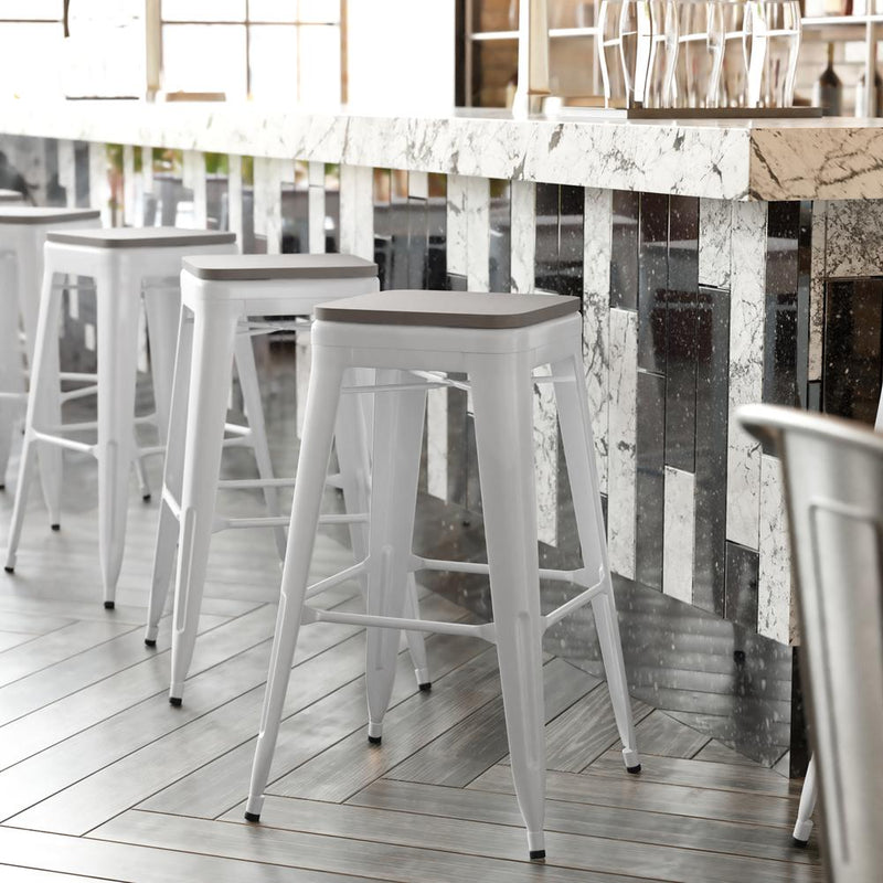 30" High White Metal Indoor-Outdoor Barstool with Gray Poly Resin Wood Seat