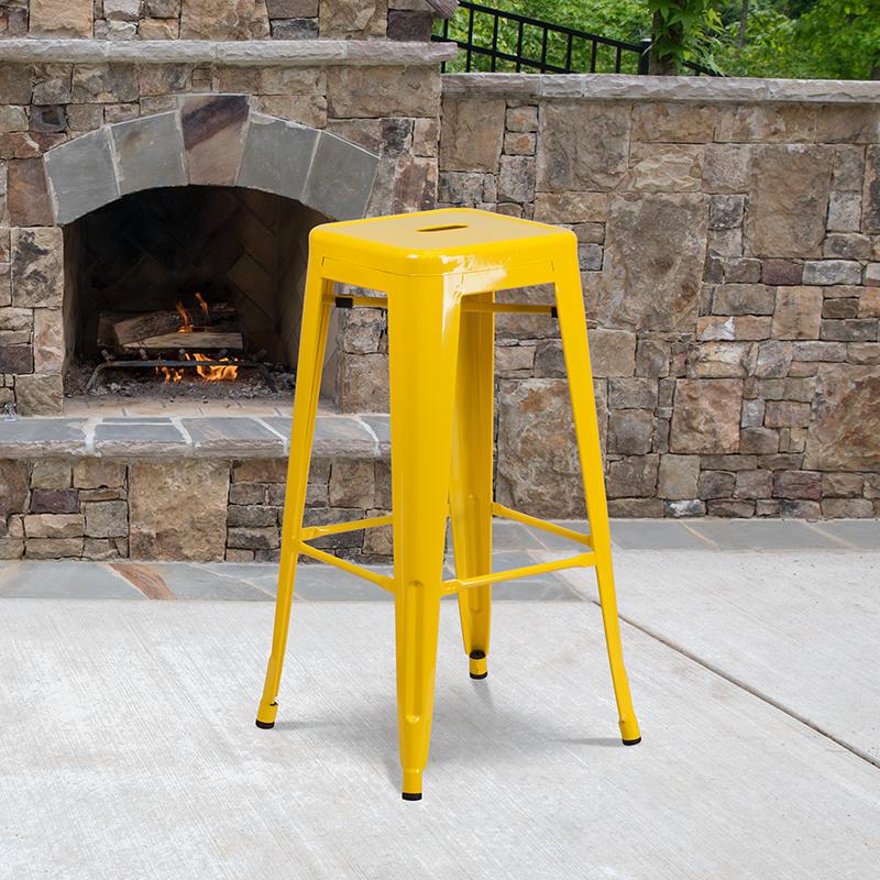 30" High Backless Yellow Metal Indoor-Outdoor Barstool with Square Seat