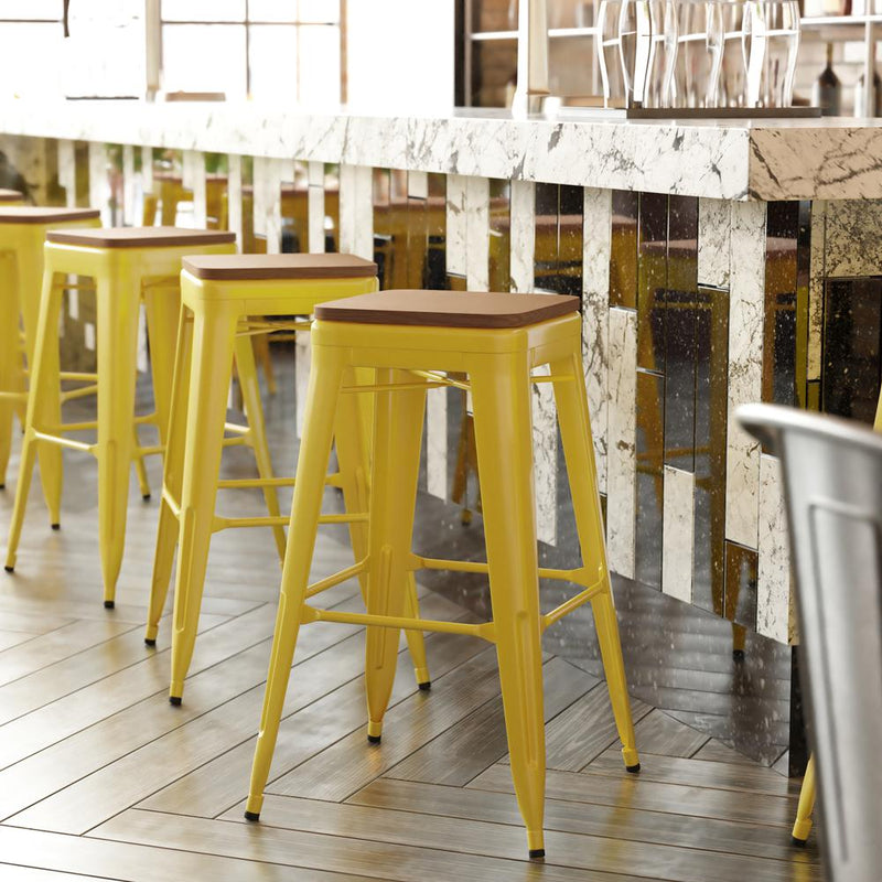 30" High Yellow Metal Indoor-Outdoor Barstool with Teak Poly Resin Wood Seat