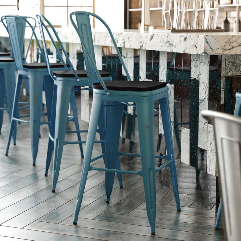 30" High Kelly Blue-Teal Metal Indoor-Barstool with Black Poly Resin Wood Seat