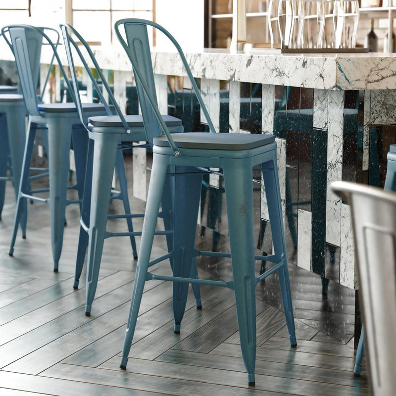 30" High Kelly Blue-Teal Metal Barstool with Teal-Blue Poly Resin Wood Seat