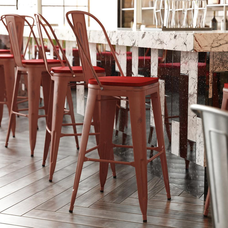 30" High Kelly Red Metal Indoor-Outdoor Barstool with Red Poly Resin Wood Seat