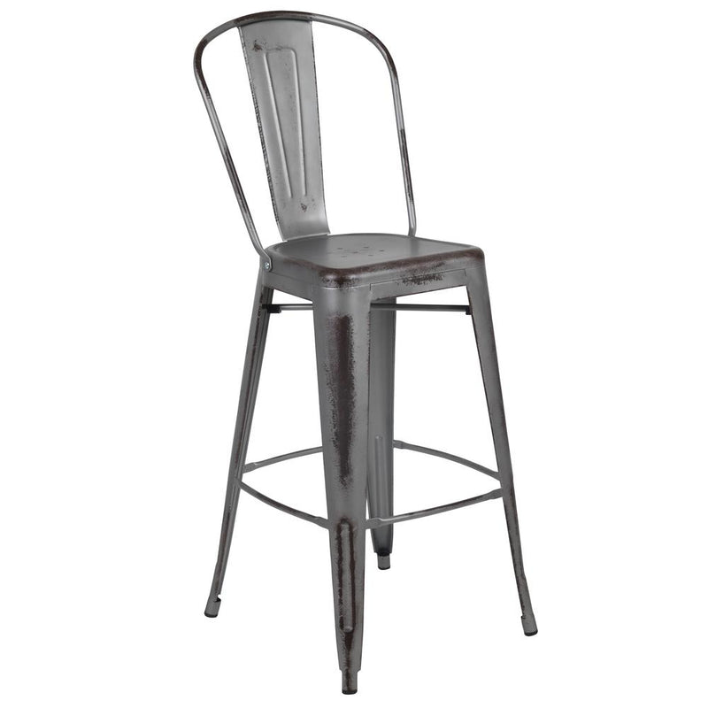 30" High Distressed Silver Gray Metal Indoor-Outdoor Barstool with Back