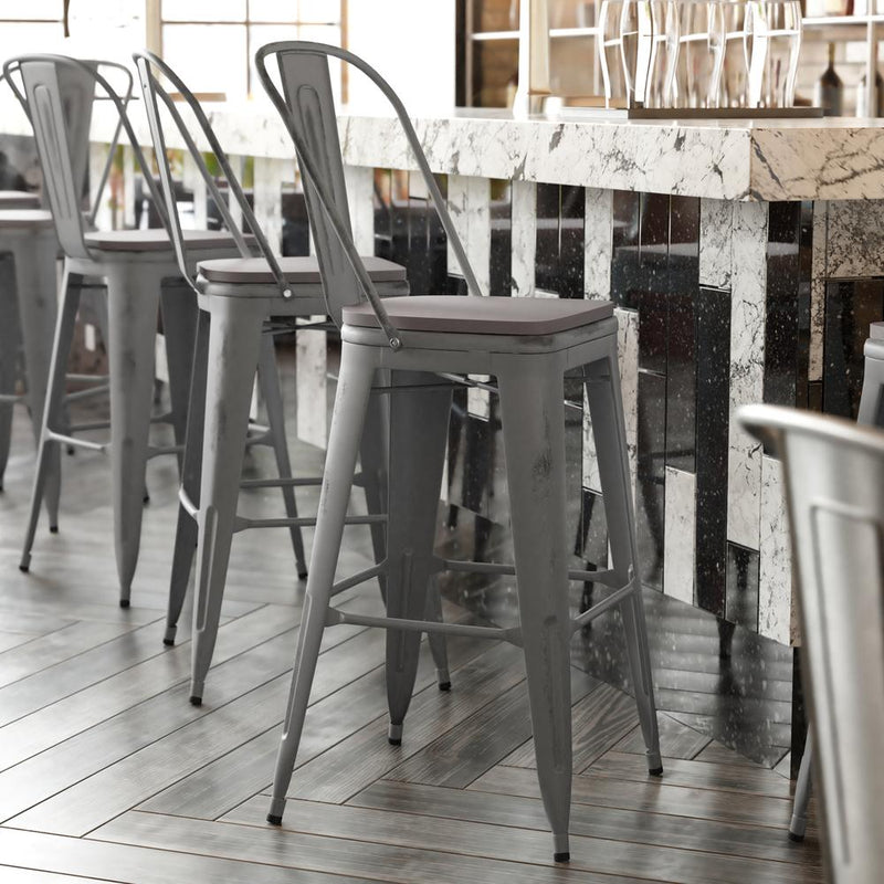 30" High Silver Gray Metal Indoor-Barstool with Gray Poly Resin Wood Seat