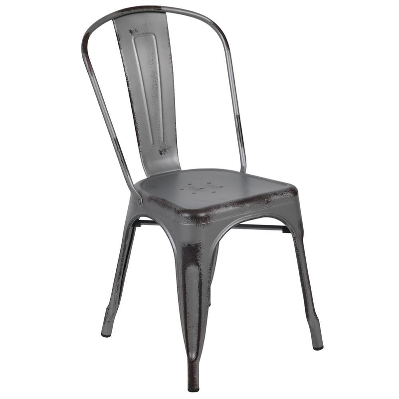 Distressed Silver Gray Metal Indoor-Outdoor Stackable Chair