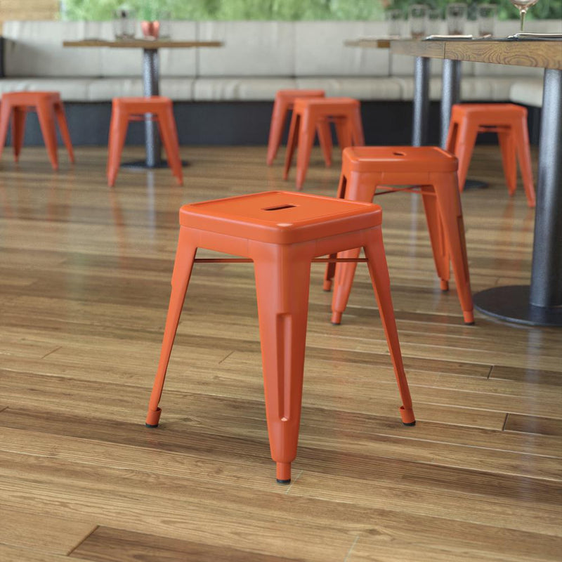 18" Table Height Stool, Stackable Metal Dining Stool in Orange - Set of 4