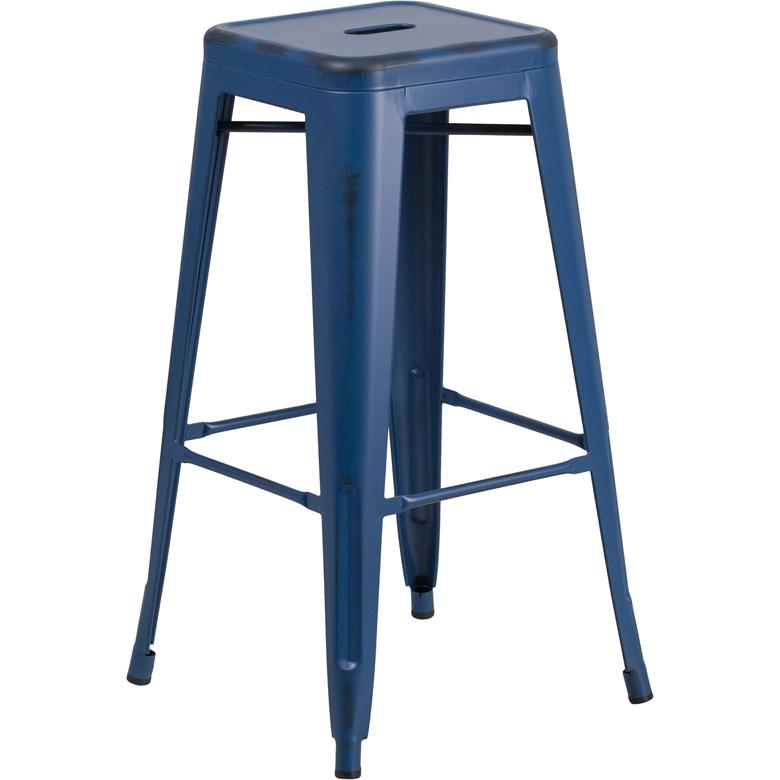 30" High Backless Distressed Antique Blue Metal Indoor-Outdoor Barstool