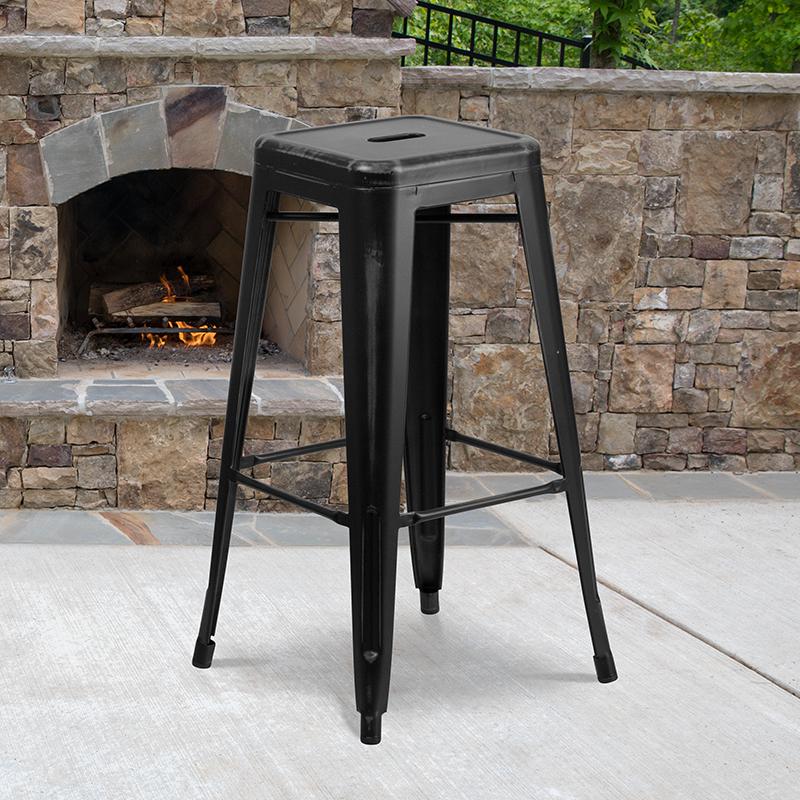 30" High Backless Distressed Black Metal Indoor-Outdoor Barstool