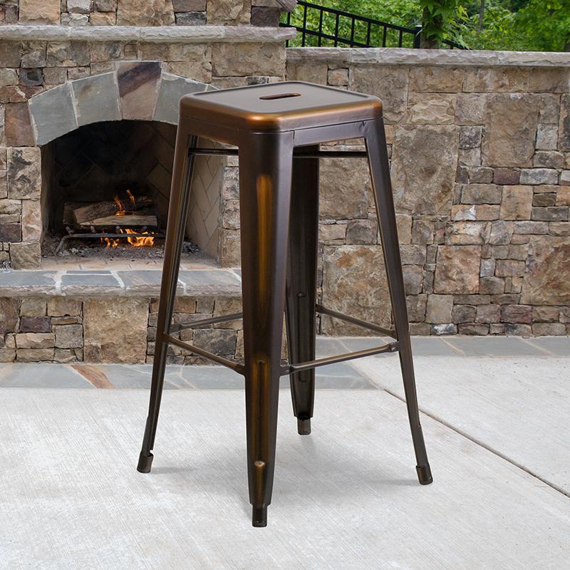 30" High Backless Distressed Copper Metal Indoor-Outdoor Barstool