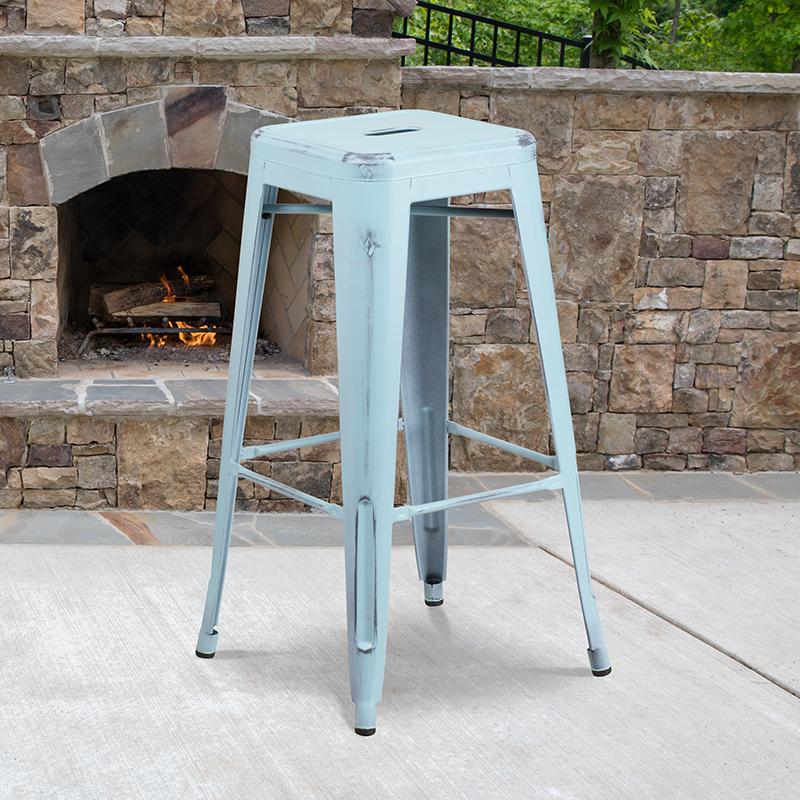 30" High Backless Distressed Green-Blue Metal Indoor-Outdoor Barstool