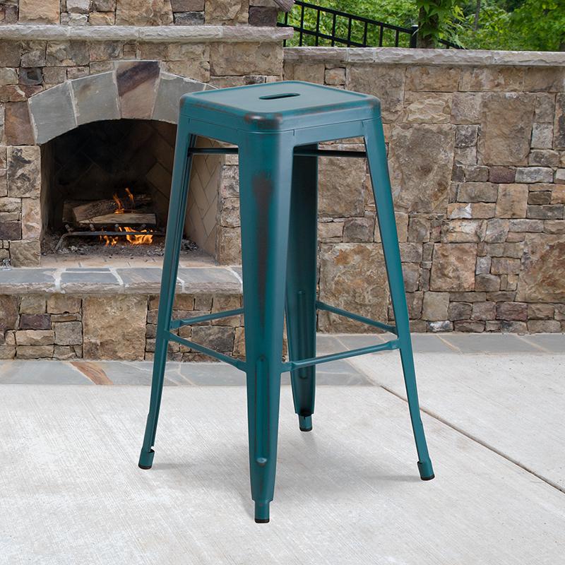 30" High Backless Distressed Kelly Blue-Teal Metal Indoor-Outdoor Barstool