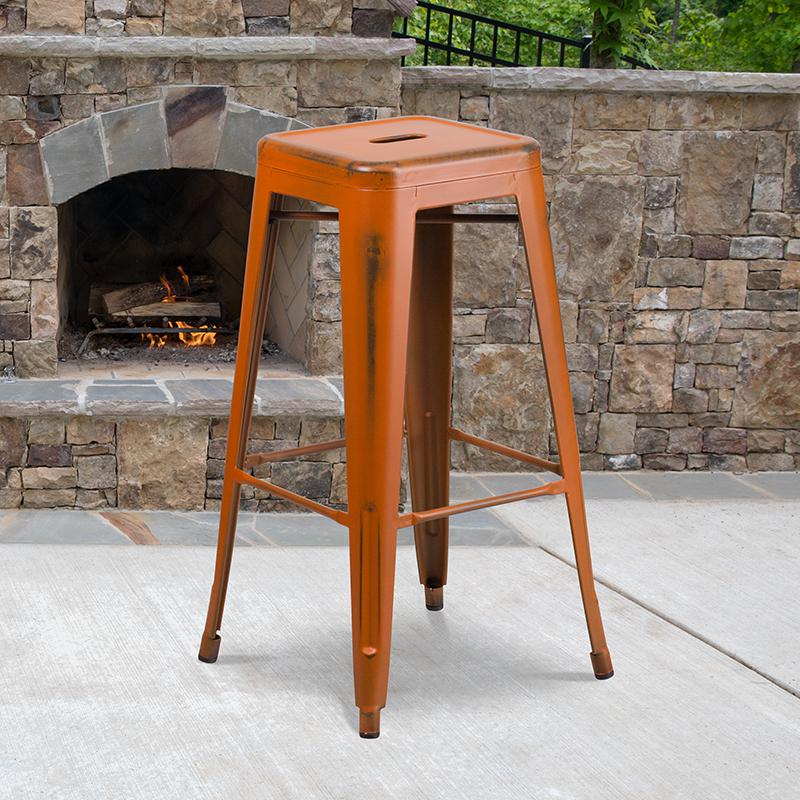 30" High Backless Distressed Orange Metal Indoor-Outdoor Barstool