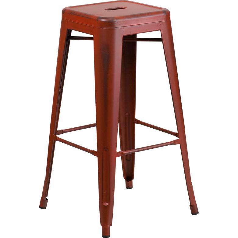 30" High Backless Distressed Kelly Red Metal Indoor-Outdoor Barstool