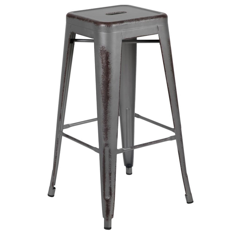 30" High Backless Distressed Silver Gray Metal Indoor-Outdoor Barstool