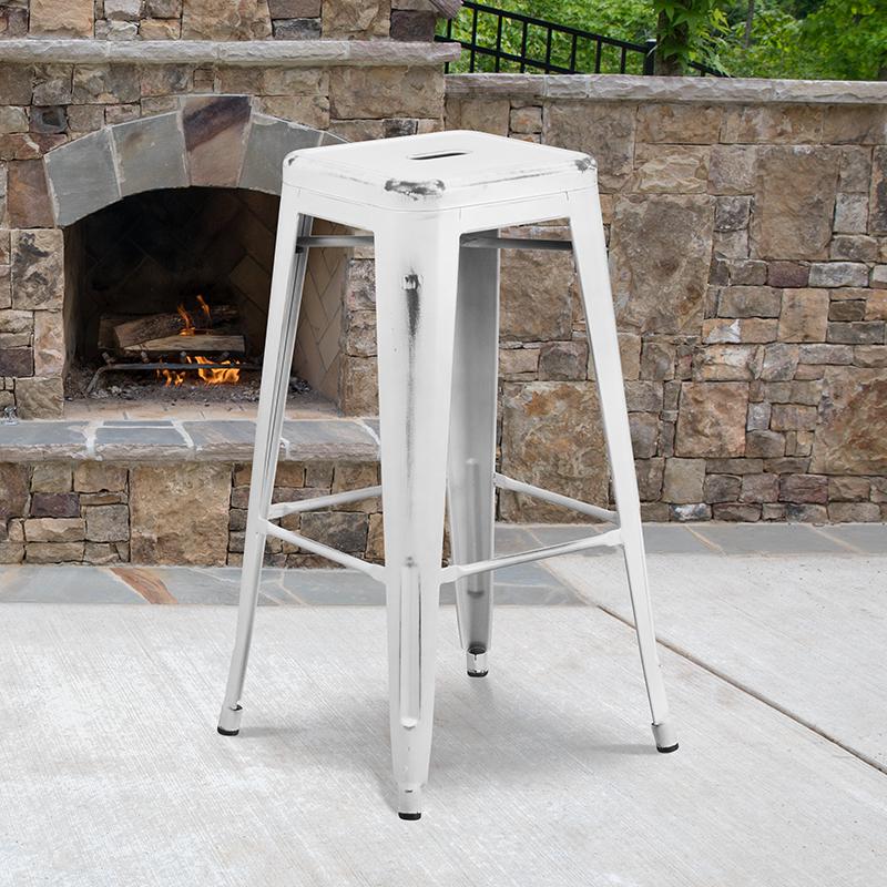 30" High Backless Distressed White Metal Indoor-Outdoor Barstool