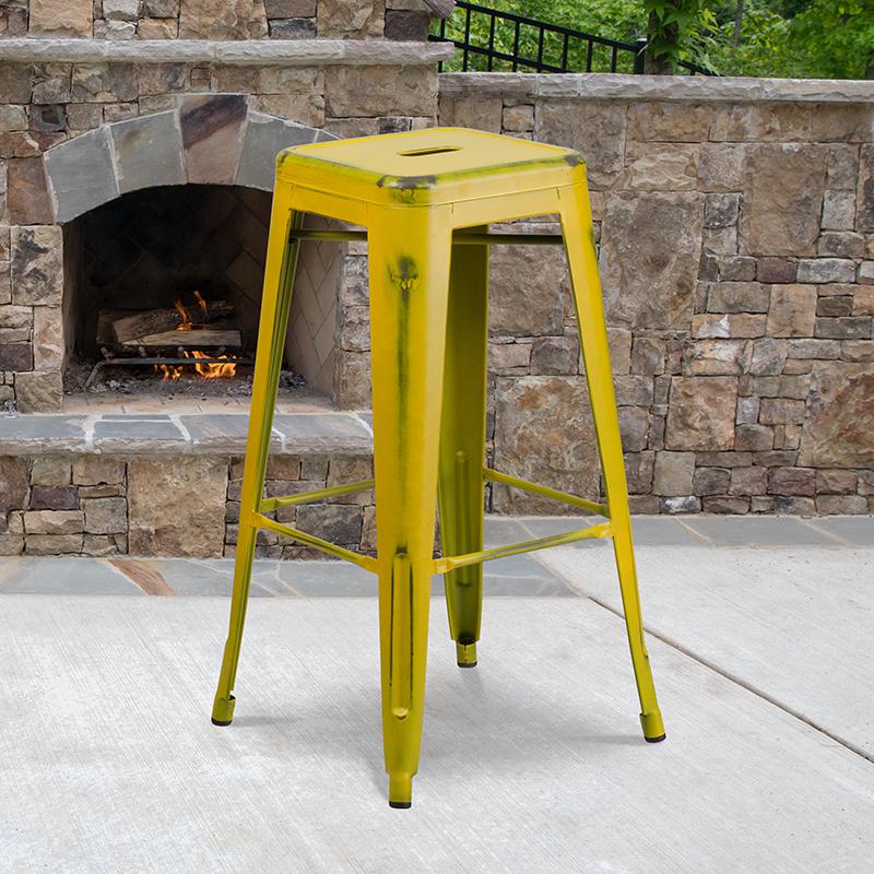 30" High Backless Distressed Yellow Metal Indoor-Outdoor Barstool