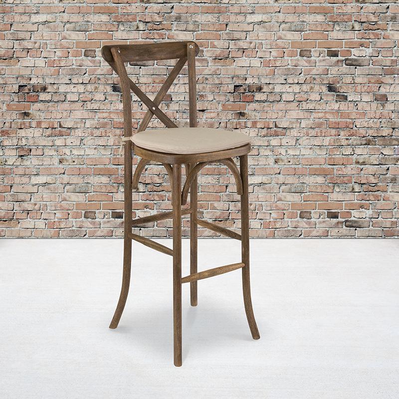 Dark Antique Wood Cross Back Barstool with Cushion