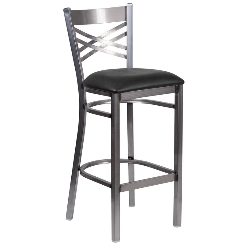 Clear Coated ''X'' Back Metal Restaurant Barstool - Black Vinyl Seat