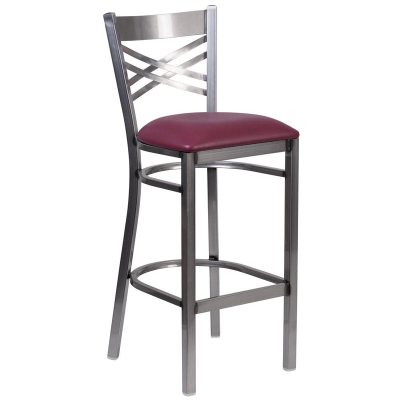 Clear Coated ''X'' Back Metal Restaurant Barstool - Burgundy Vinyl Seat