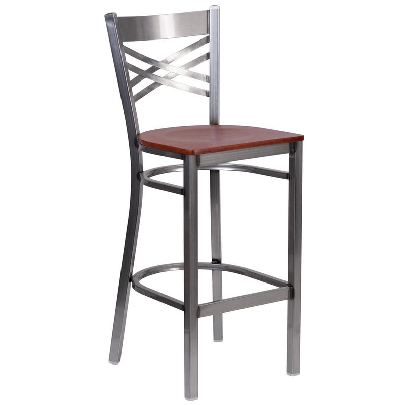 Clear Coated ''X'' Back Metal Restaurant Barstool - Cherry Wood Seat