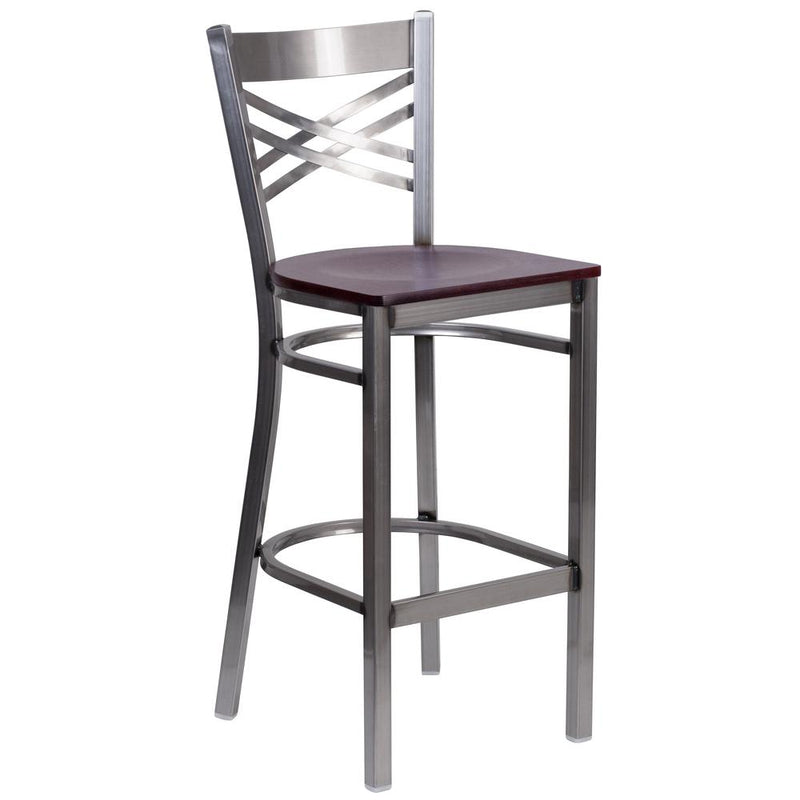 Clear Coated ''X'' Back Metal Restaurant Barstool - Mahogany Wood Seat