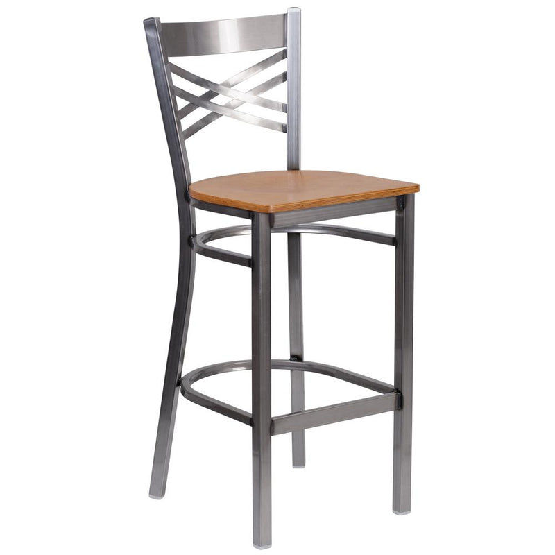 Clear Coated ''X'' Back Metal Restaurant Barstool - Natural Wood Seat