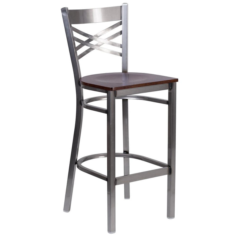 Clear Coated ''X'' Back Metal Restaurant Barstool - Walnut Wood Seat