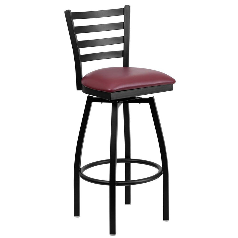 Black Ladder Back Swivel Metal Barstool - Burgundy Vinyl Seat